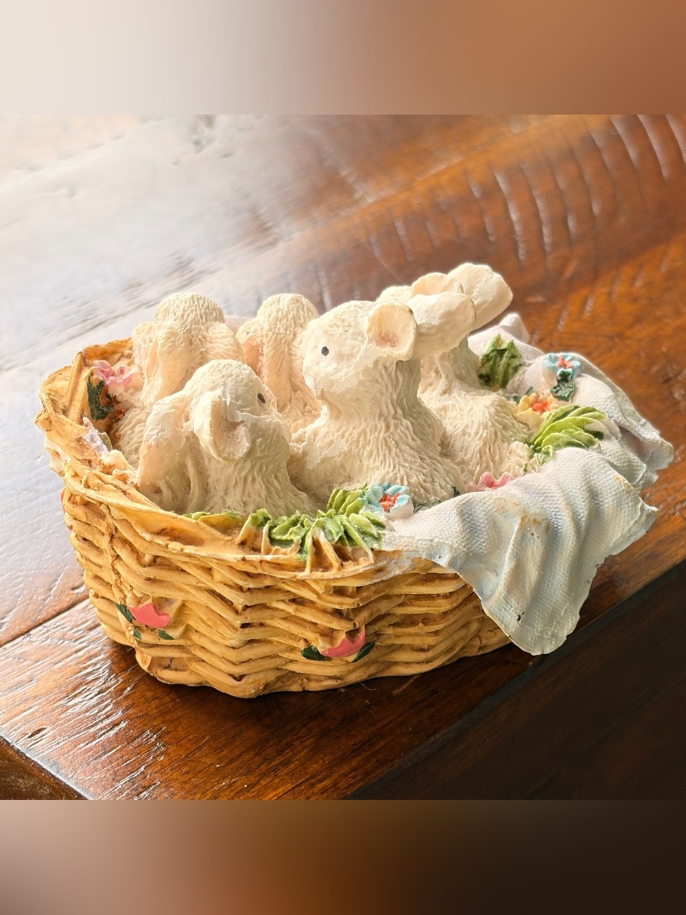 Vintage Cottagecore Bunnies in Wicker Basket with Blanket Figurine Art Decor - Picture 4 of 5